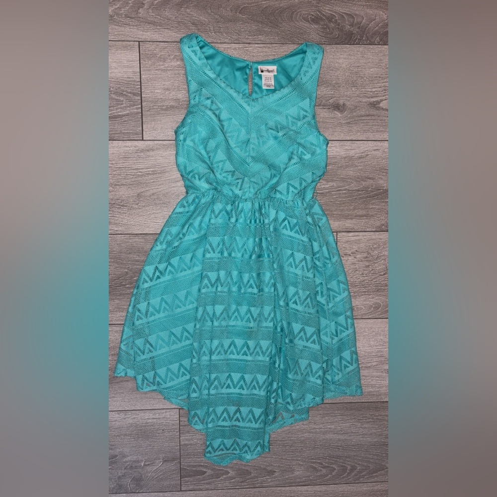 Emily West Girls Size XL 16 Teal Dress Lace Overlay High Low Hem Lined EUC